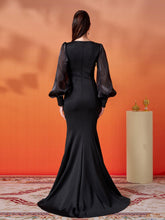 Black Embroidery Floor Length Puff Sleeve Dress